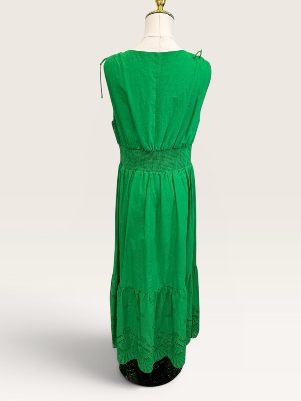 Adrianna Papell Smocked Waist Tie Sleeve Eyelet Cotton Sundress Kelly Green NWT - Picture 9 of 15